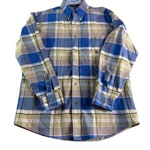 20X Men’s Plaid Button Down Shirt Size L Blue Tan Western Casual 100% Cotton